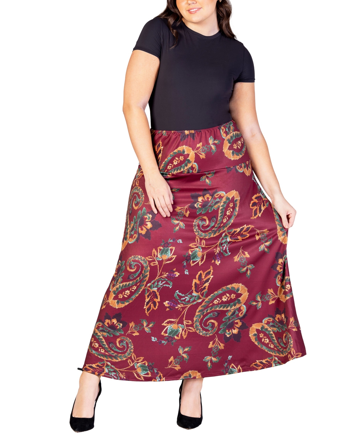24seven Comfort Apparel Plus Size Elastic Waist Printed Maxi Skirt