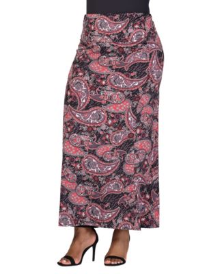 Plus Size Fold Over Waist Printed Maxi Skirt