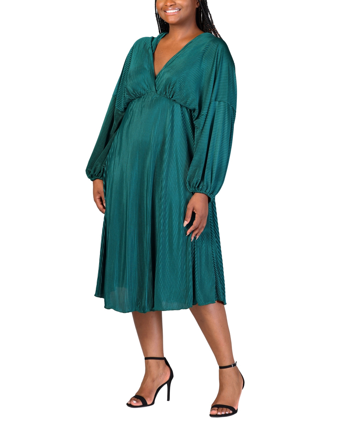 24seven Comfort Apparel Plus Size Shimmer V-neck Midi Dress In Hunter