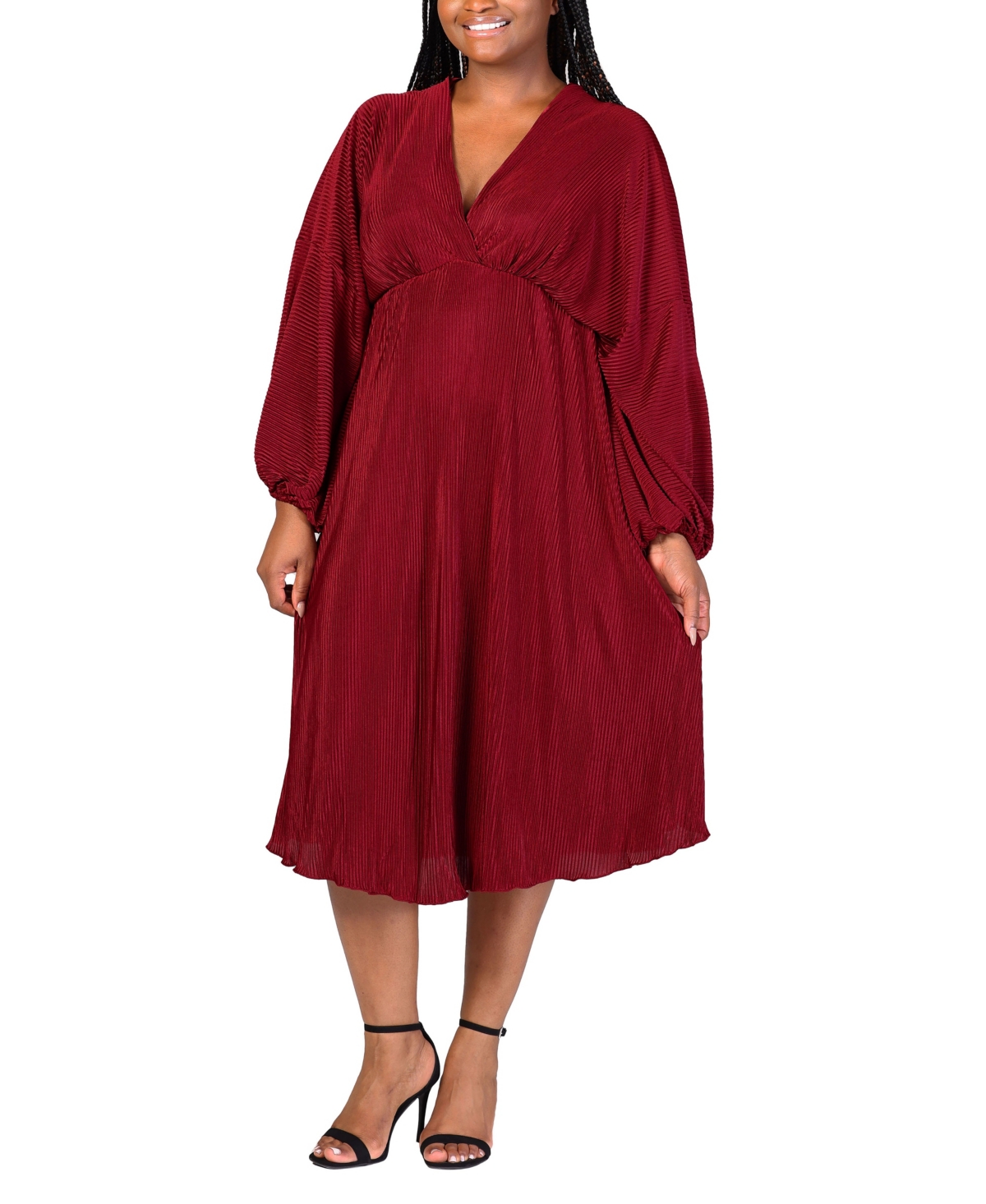 24seven Comfort Apparel Plus Size Shimmer V-neck Midi Dress In Wine