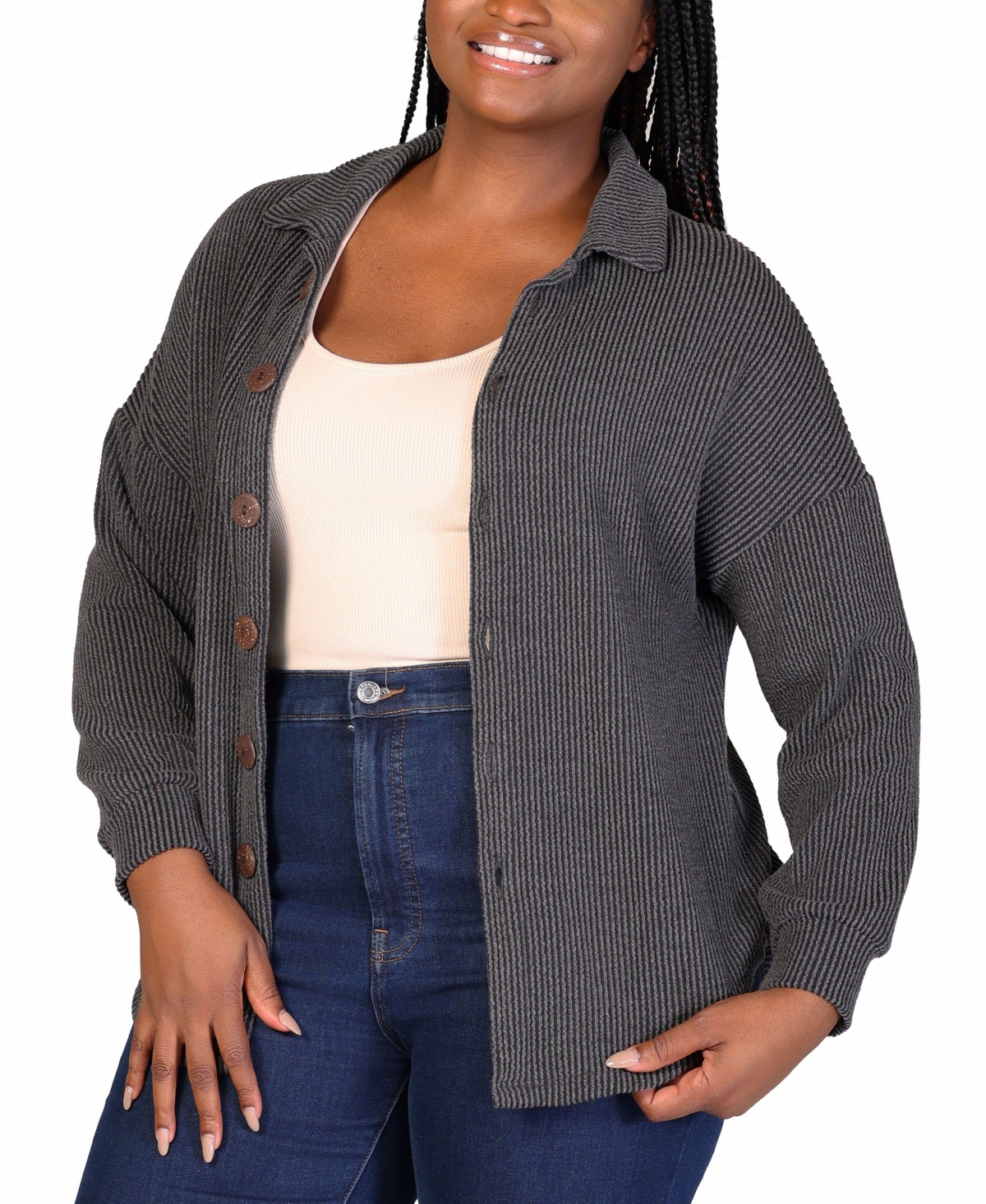 24SEVEN COMFORT APPAREL PLUS SIZE RIB BUTTON UP SHIRT JACKET 