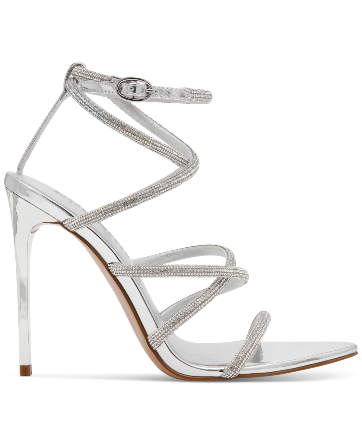 Steve Madden Sky Ankle Strap Pointed Toe Sandal In Silver Rhinestone
