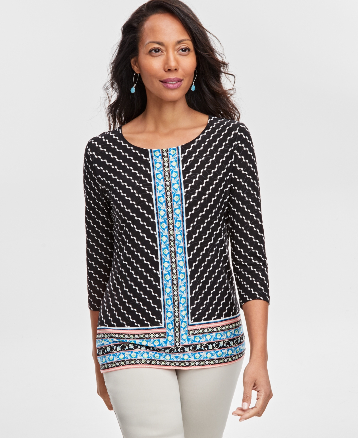 Jm Collection Women's Printed Jacquard Scoop-neck Top, Created For Macy's In Deep Black
