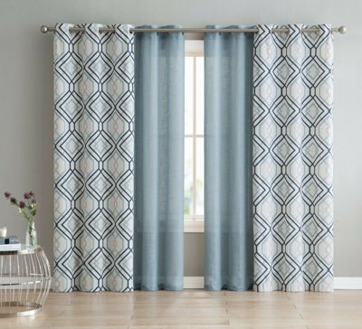 Coordinating 4 Piece Geometric & Solid Curtain Set - 38 in. W x 96 in. L, Aqua