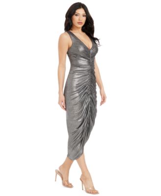 grey ruched bodycon dress La Lune Low Back Halter Neck Midi Dress | Cream | Dresses main image 0