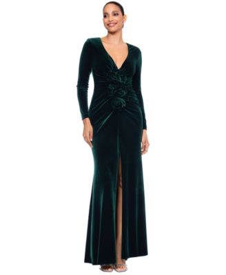 Betsy & Adam - Women's Velvet Rosette Long-Sleeve Gown