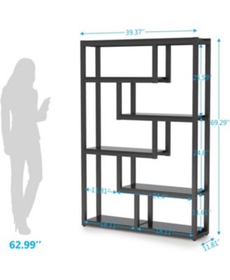 6-Shelf Industrial 69-Inch Tall Bookshelf with Staggered Display Shelves and Metal Frame Etagere Bookcase for Home Office