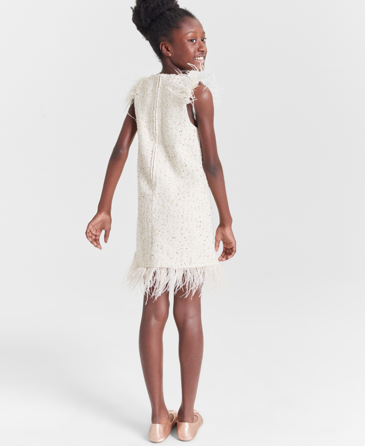 Rare Editions Big Girls Foil Boucle Dress with Faux Feathers
