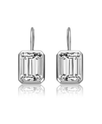 Sterling Silver Cubic Zirconia Baguette Drop Wire Back Earrings in White Gold Plated or 14k Gold Plated