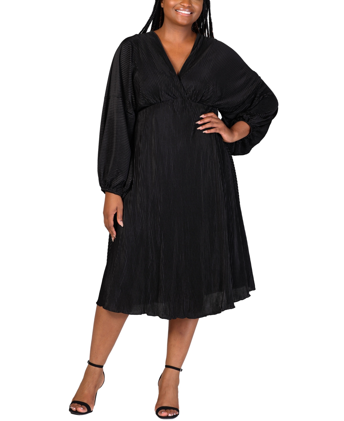 24seven Comfort Apparel Plus Size Shimmer V-neck Midi Dress In Black