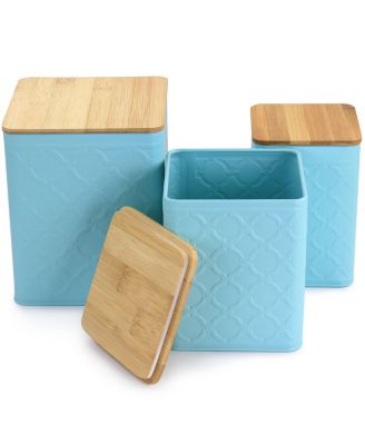 3 Piece Square Iron Kitchen Canister Set with Bamboo Lids in Turquoise