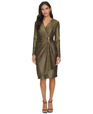 Petite Metallic Faux Wrap Sheath Dress