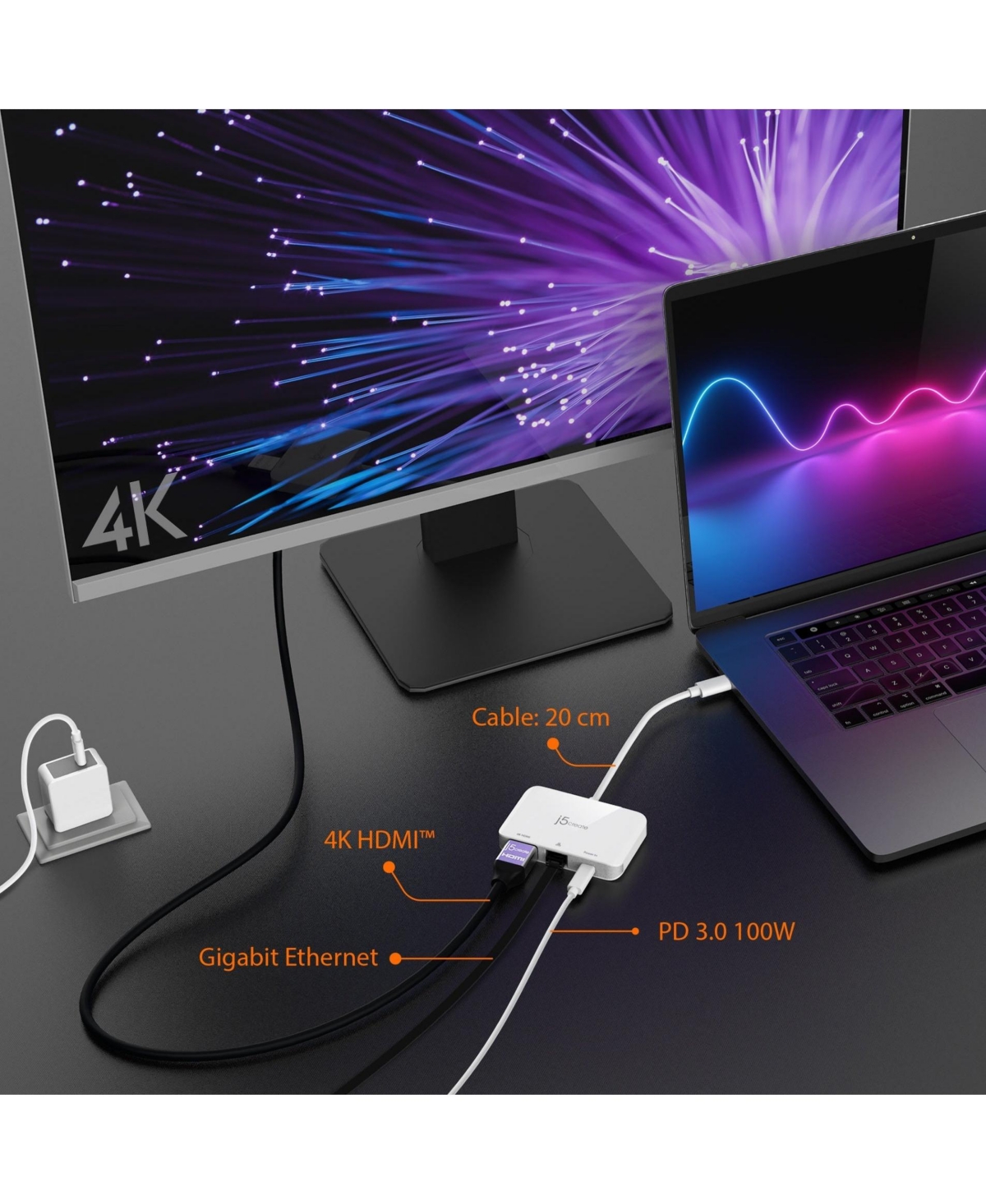 j5create Usb-c to 4K Hdmi Ethernet Adapter, JCA351 - pure,  pristine white hue