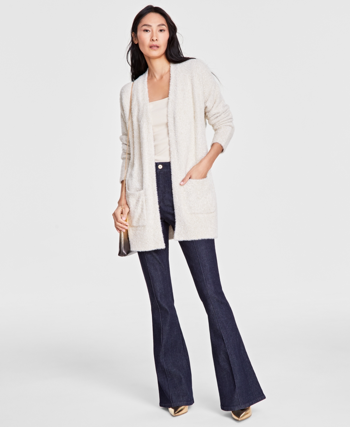 INC INTERNATIONAL CONCEPTS WOMEN'S METALLIC-EYELASH CARDIGAN, CREATED FOR MACY'S 