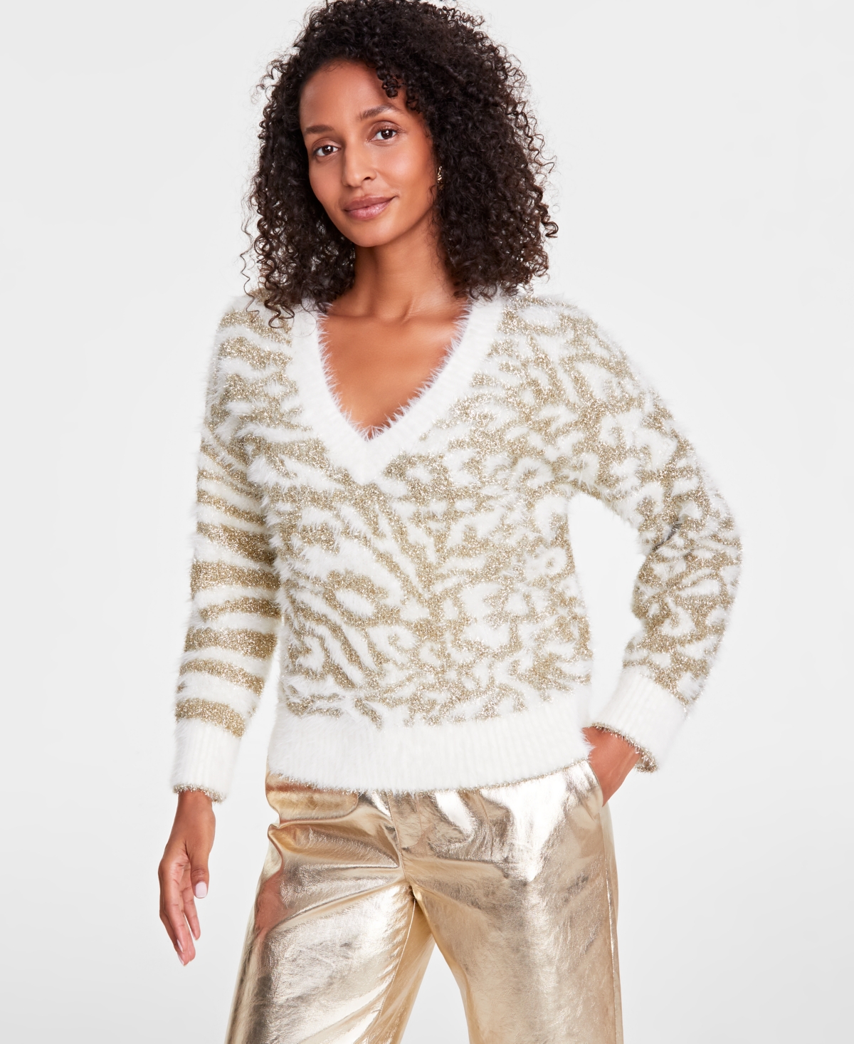 I.n.c. International Concepts I.n.c International Concepts Women s Metallic Print Sweater Created for Macy s White Gold Cmbo Smart Closet