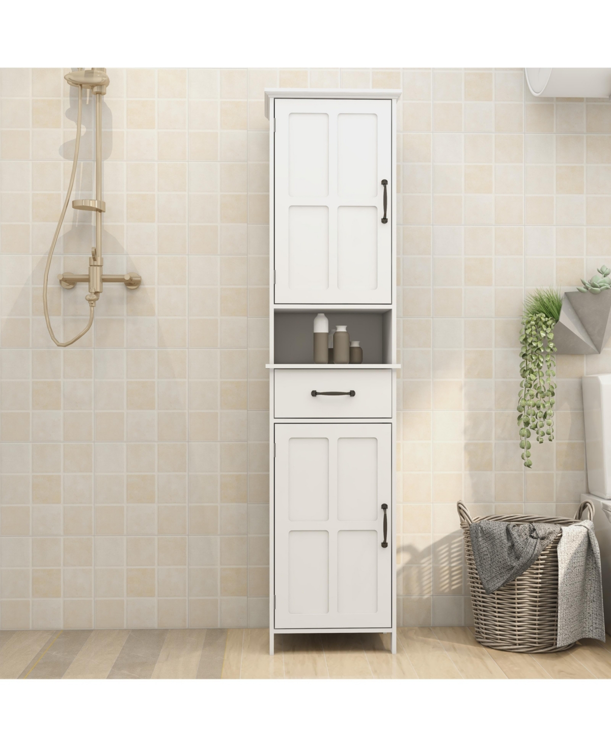 Slim Floor Cabinet with Double Doors &#x2013; Space-Saving Tall Storage Unit for Small Rooms & Tight Spaces - White