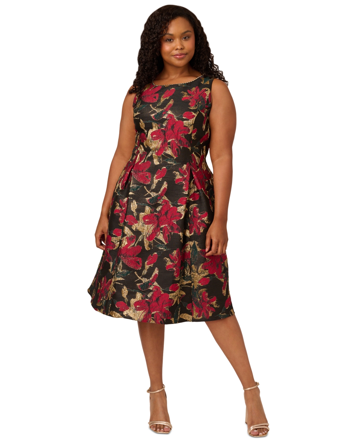 Adrianna Papell Plus Size Floral Jacquard Sleeveless Fit & Flare Dress -Red