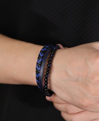 Blue Tigers Eye Weaved Leather Stainless Steel Bracelet