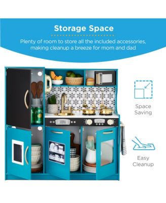 Pretend Play Kitchen Wooden Toy Set for Kids w/ Telephone, Utensils, Oven, Microwave