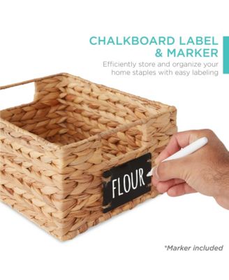Set of 4 12in Woven Water Hyacinth Pantry Baskets w/ Chalkboard Label, Chalk Marker