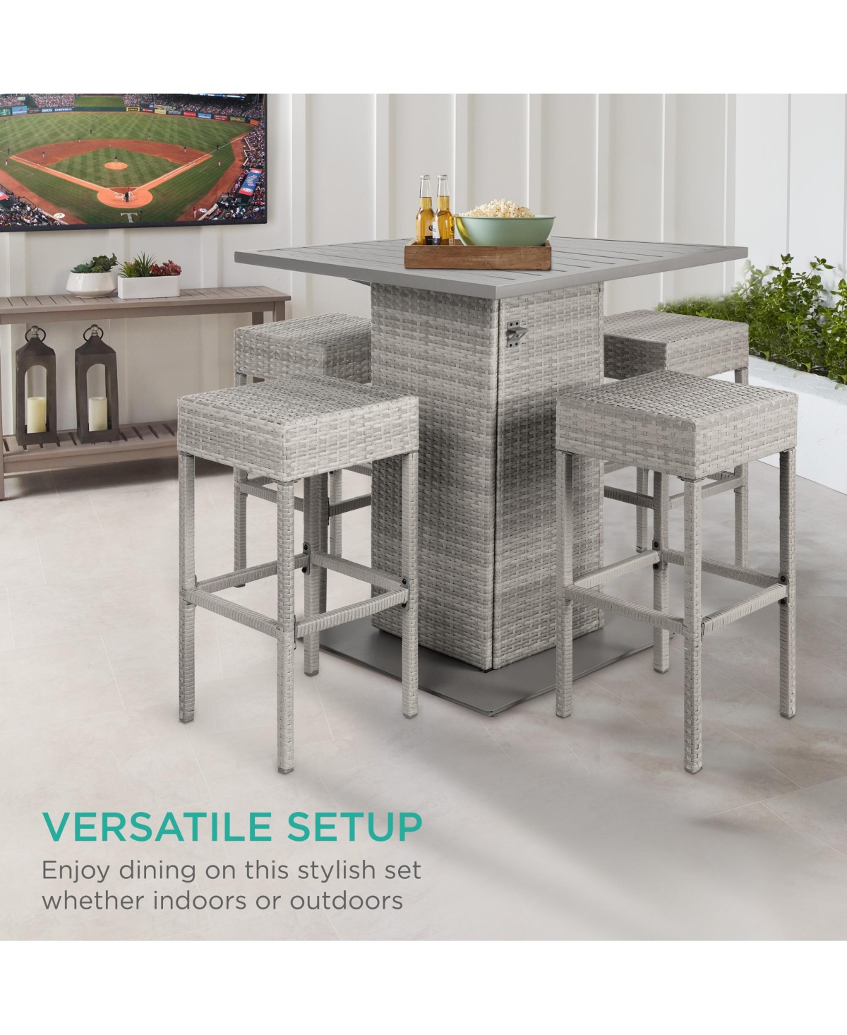 Best Choice Products 5-Piece Patio Wicker Bar Set w/ Built-In Bottle Opener, Hidden Storage Shelf, 4 Stools