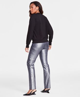 Inc International Concepts Womens Embellished Crewneck Sweater Metallic Jeans Created For Macys In Silver
