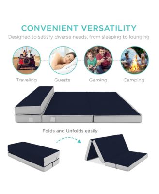 4in Thick Folding Portable Midnight Blue Mattress Topper w/ Carry Case, Washable Cover