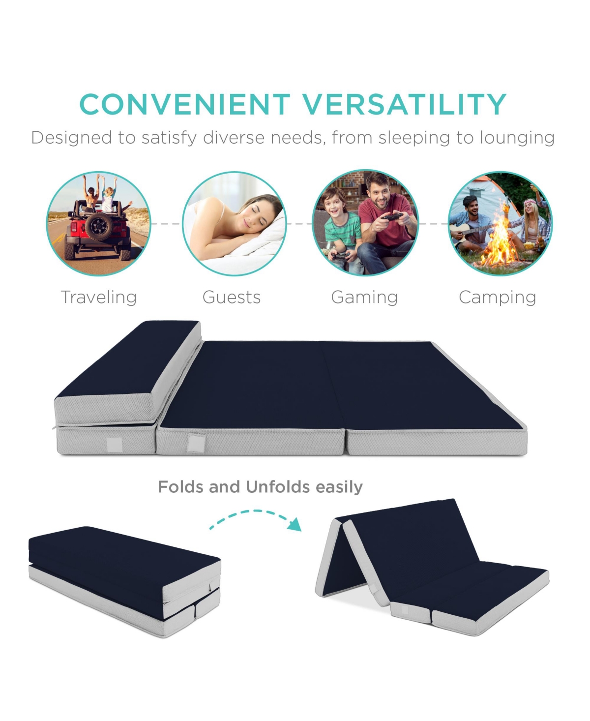 Best Choice Products 4in Thick Folding Portable Midnight Blue Mattress Topper w/ Carry Case
