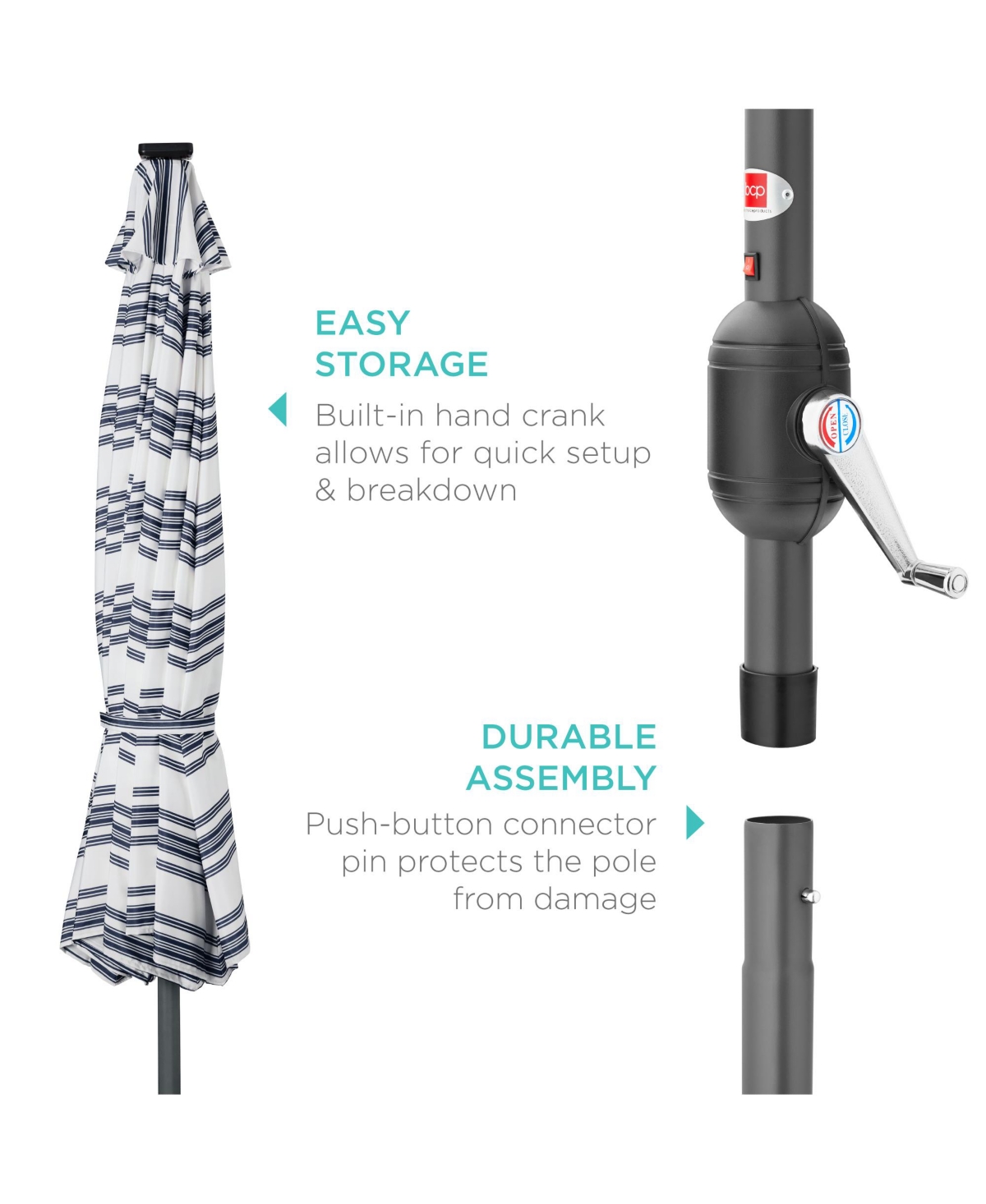 Best Choice Products Solar Led Lighted Striped Patio Umbrella w/ Crank, Tilt, Push Button, 6 Ribs