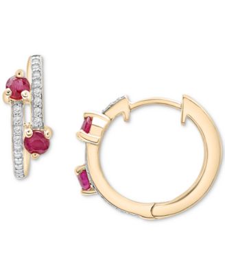 Macy's - Ruby (1/3 ct. t.w.) & Diamond (1/10 ct. t.w.) Bypass Small Hoop Earrings in 14k Gold-Plated Sterling Silver, 0.5"