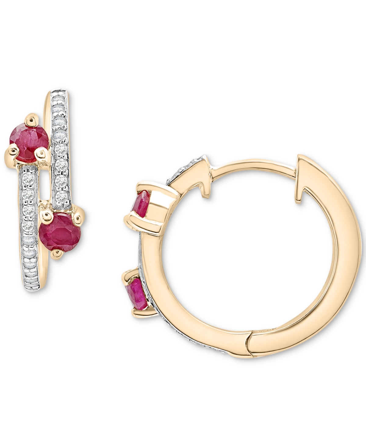 Macy's Ruby (1/3 Ct. T.w.) & Diamond (1/10 Ct. T.w.) Bypass Small Hoop Earrings In 14k Gold-plated Sterling In Ruby
