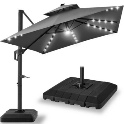 10x10ft 2-Tier Square Outdoor Solar LED Cantilever Patio Umbrella w/ Base Included