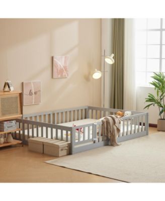 Grey Painted Pine Full Fence Bed with Door and Board for Kids