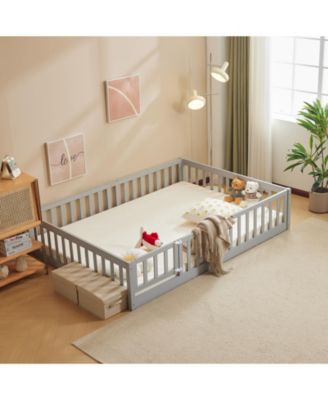 Grey Painted Pine Full Fence Bed with Door and Board for Kids