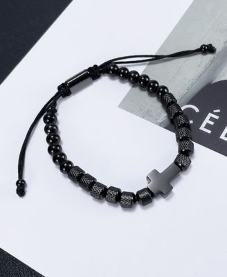Black Cross Beaded Rope Stainless Steel Bracelet
