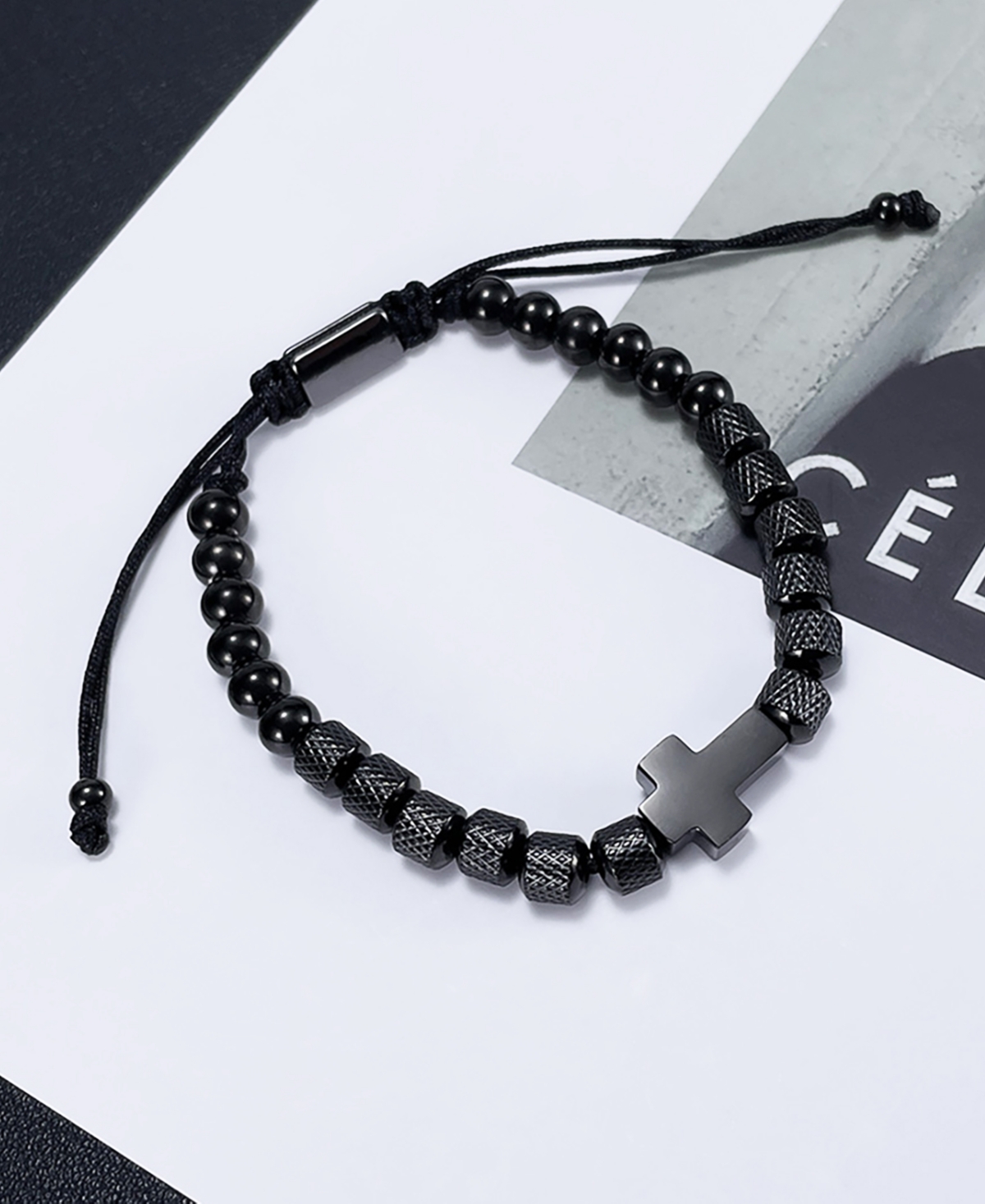 Rhona SuttonCross Beaded Rope Stainless Steel Bracelet - Black