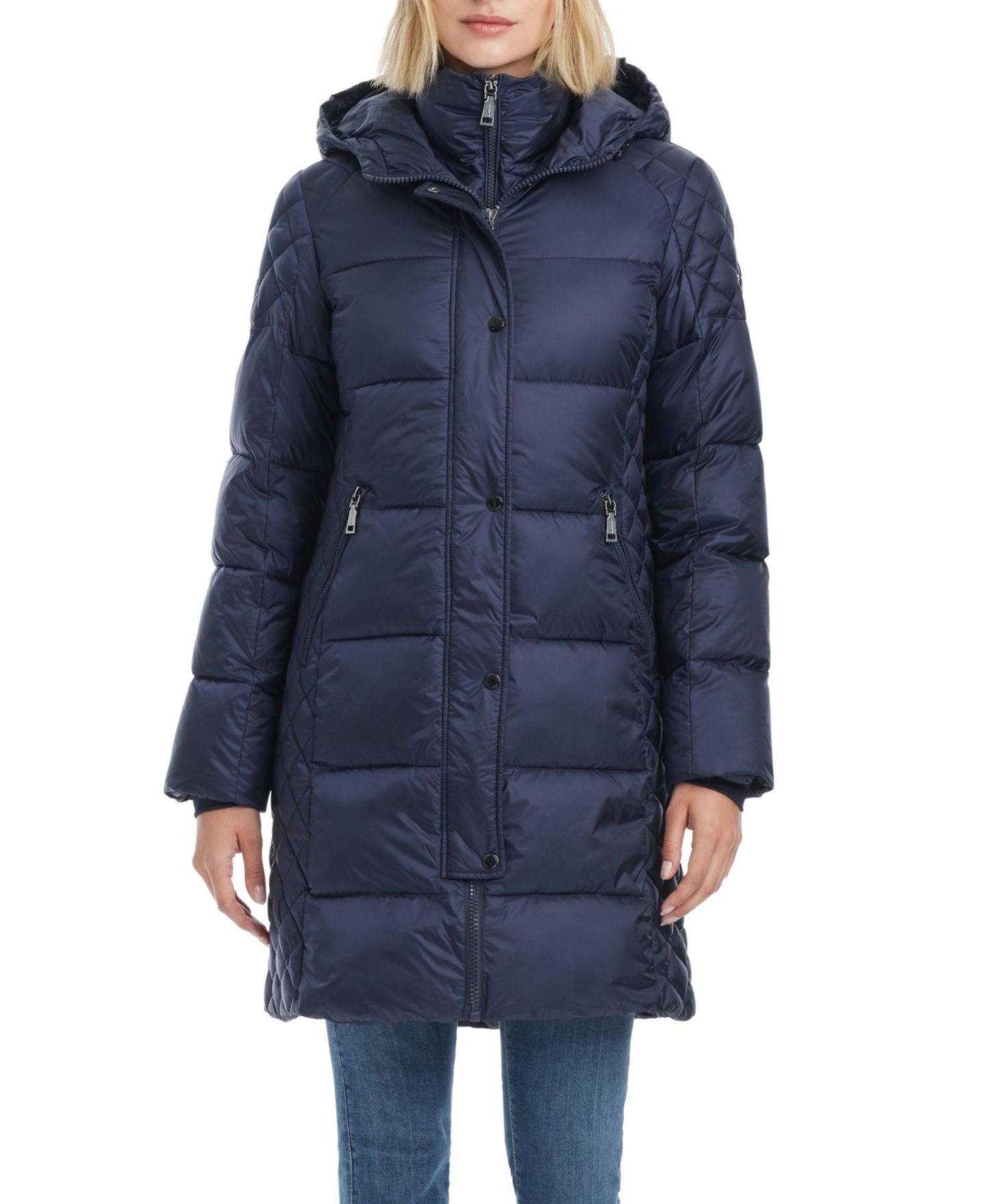 Женская куртка Vince Camuto Cire Mid-Length Fitted Puffer, цвет: Тёмно-синий — фото 1