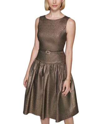 KARL LAGERFELD PARIS Women's Metallic Drop-Waist Belted Dress - Macy's