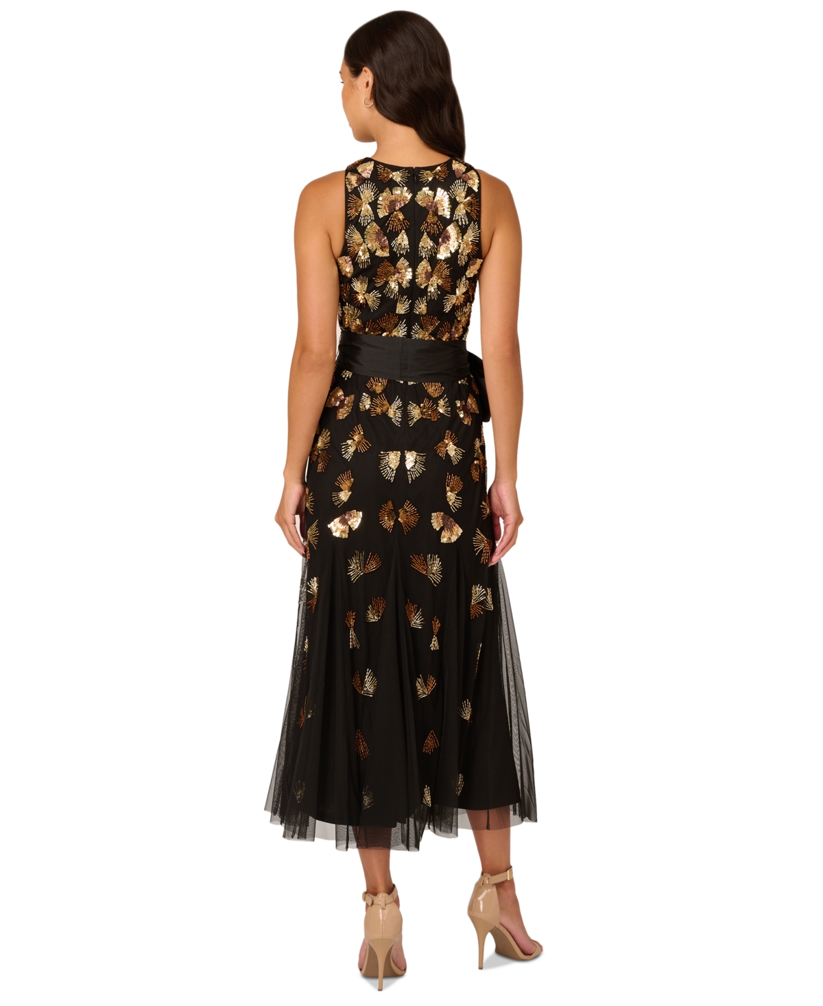 Adrianna Papell Women's Beaded Mesh Sleeveless Godet Gown -Gold