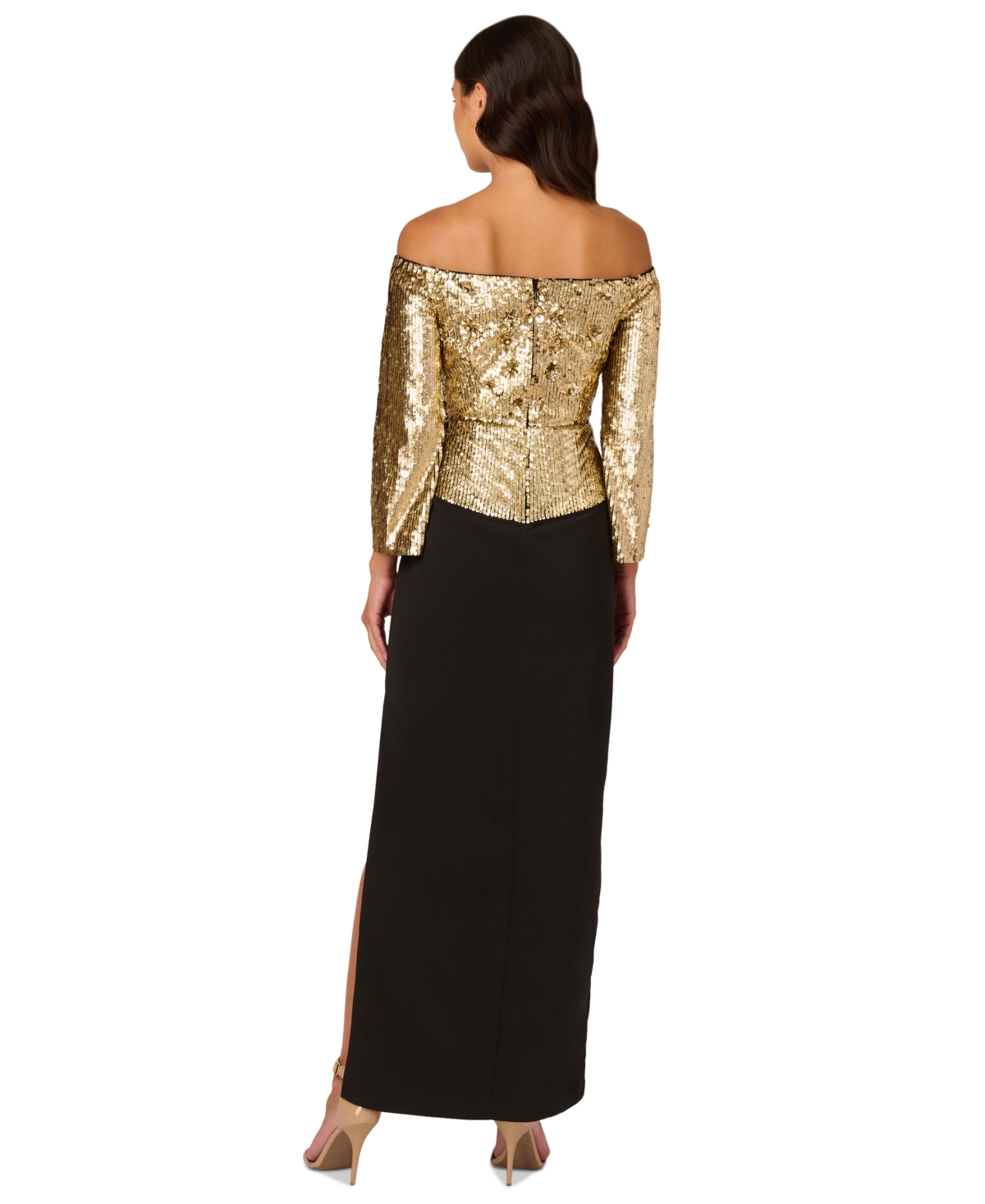 Adrianna Papell Women's Off-The-Shoulder Long-Sleeve Sheath Gown -Gold