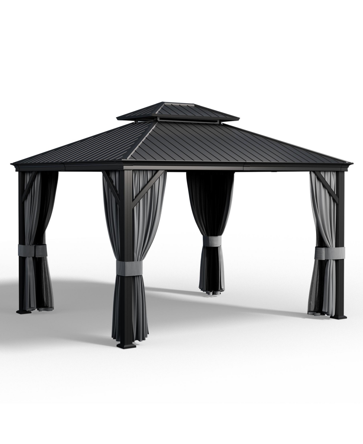 12 ft. x 14 ft. Metal Hardtop Gazebo with Curtains - Brown