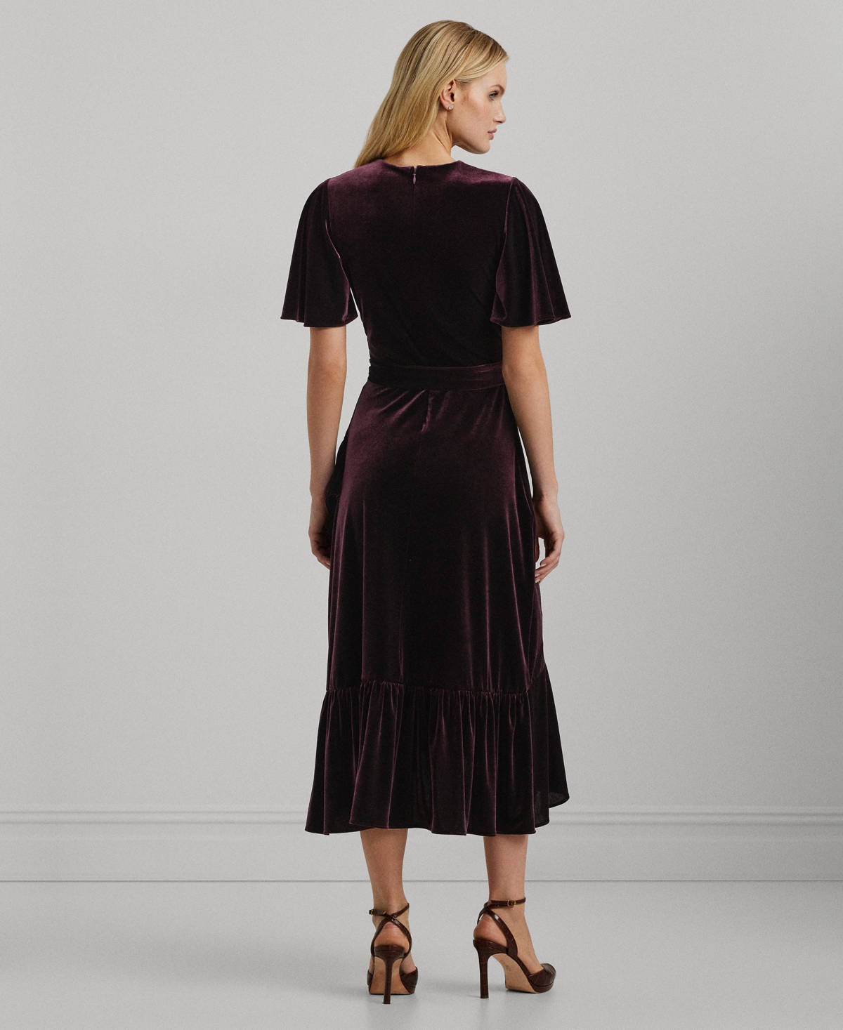 Lauren Ralph Lauren Women's Belted Velvet Flutter-Sleeve Dress