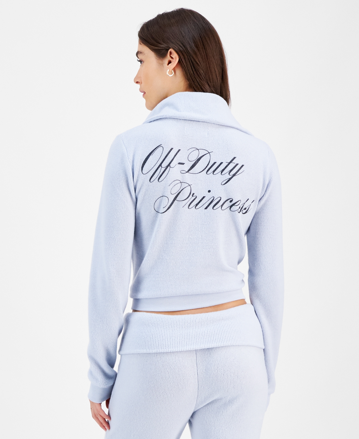 Grayson Threads, The Label Juniors' Off-duty Princess Cozy Waffle Knit Zip-up Top In Light Blue