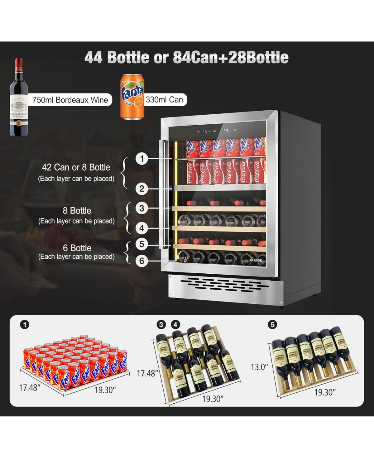 Jinjunye Wine Cooler, Dual Zone Wine and Beverage Refrigerator, 84Can+28Bottle, Temp Control, Built-in or Freestanding Wine Fridge for Red, Whi