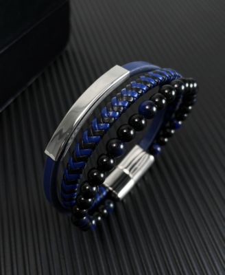 Blue Beaded Plated Leather Stainless Steel Bracelet