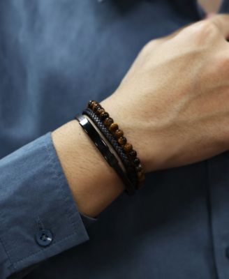 Black Tigers Eye Black Plated Leather Stainless Steel Bracelet