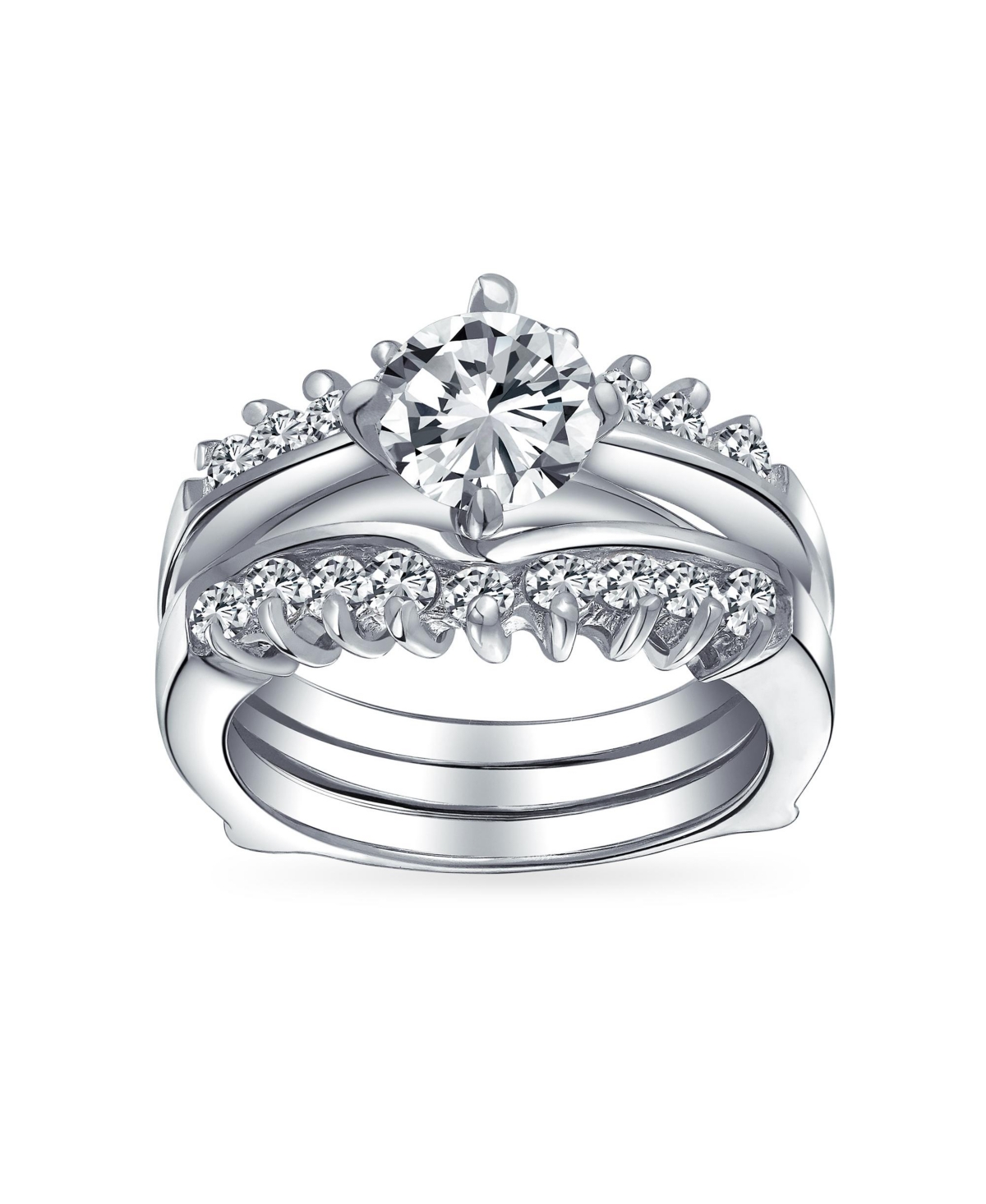 Cocktail Statement Ring: 1CT Round Solitaire Cz Band Guard Enhancer in Sterling Silver - Silver