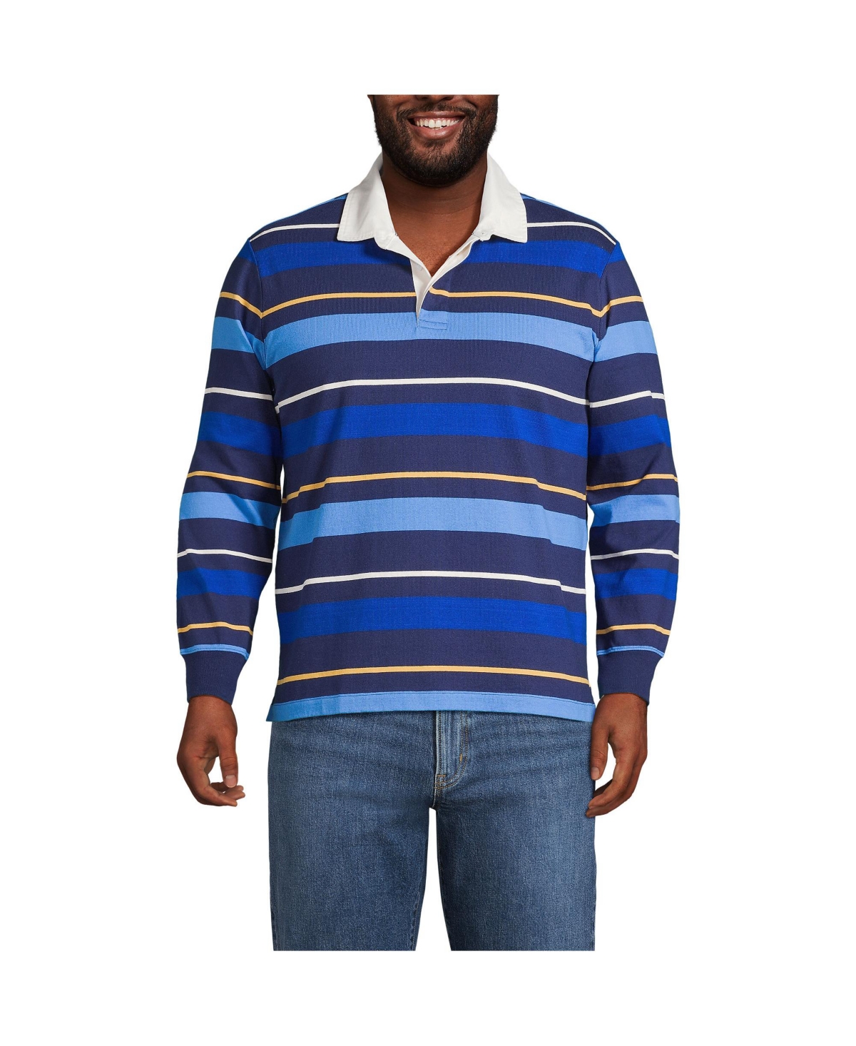 Lands' End Big & Tall Long Sleeve Stripe Rugby Shirt -blue multi rugby stripe