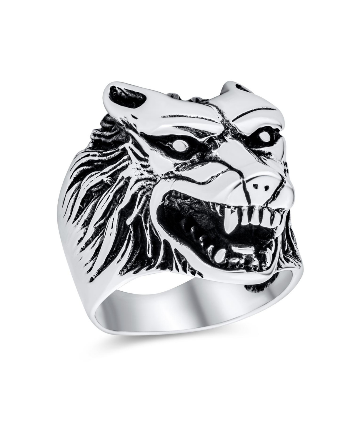 Hunter Animal Norse Viking Warrior Signet Fierce Roaring Wolf Head Ring Oxidized .925 Sterling Silver - Silver a