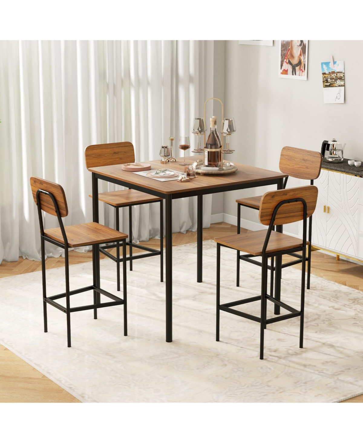 5-Piece Industrial Dining Table Set with Counter Height and 4 Bar Stools-Walnut